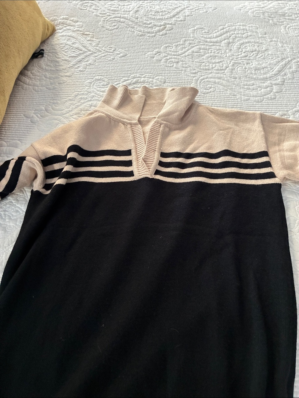 Beige and Black Striped Women’s Sweater - Classic Mock Neck